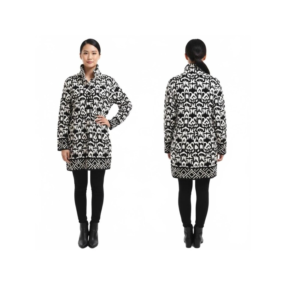Style&co Button Front Tunic Top Black White Print Long Sleeve Collared Size MP